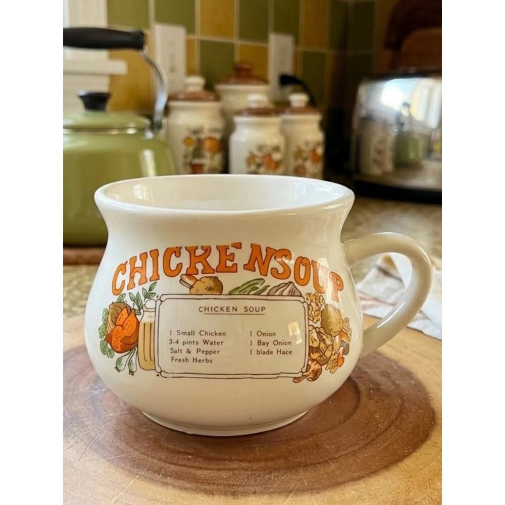 VINTAGE 70s Chicken Noodle Soup Recipe Bowl Retro Kitchen Décor